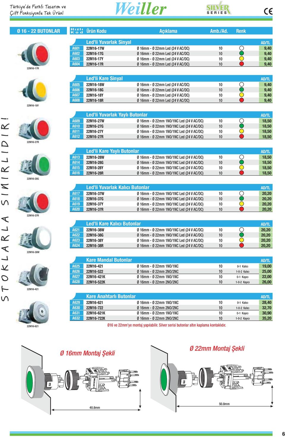 Led (24 V AC/DC) 9,40 9,40 9,40 9,40 22M6-8Y A605 A606 A607 A608 Led li Kare Sinyal 22M6-8W 22M6-8G 22M6-8Y 22M6-8R Ø 6mm - Ø 22mm Led (24 V AC/DC) Ø 6mm - Ø 22mm Led (24 V AC/DC) Ø 6mm - Ø 22mm Led