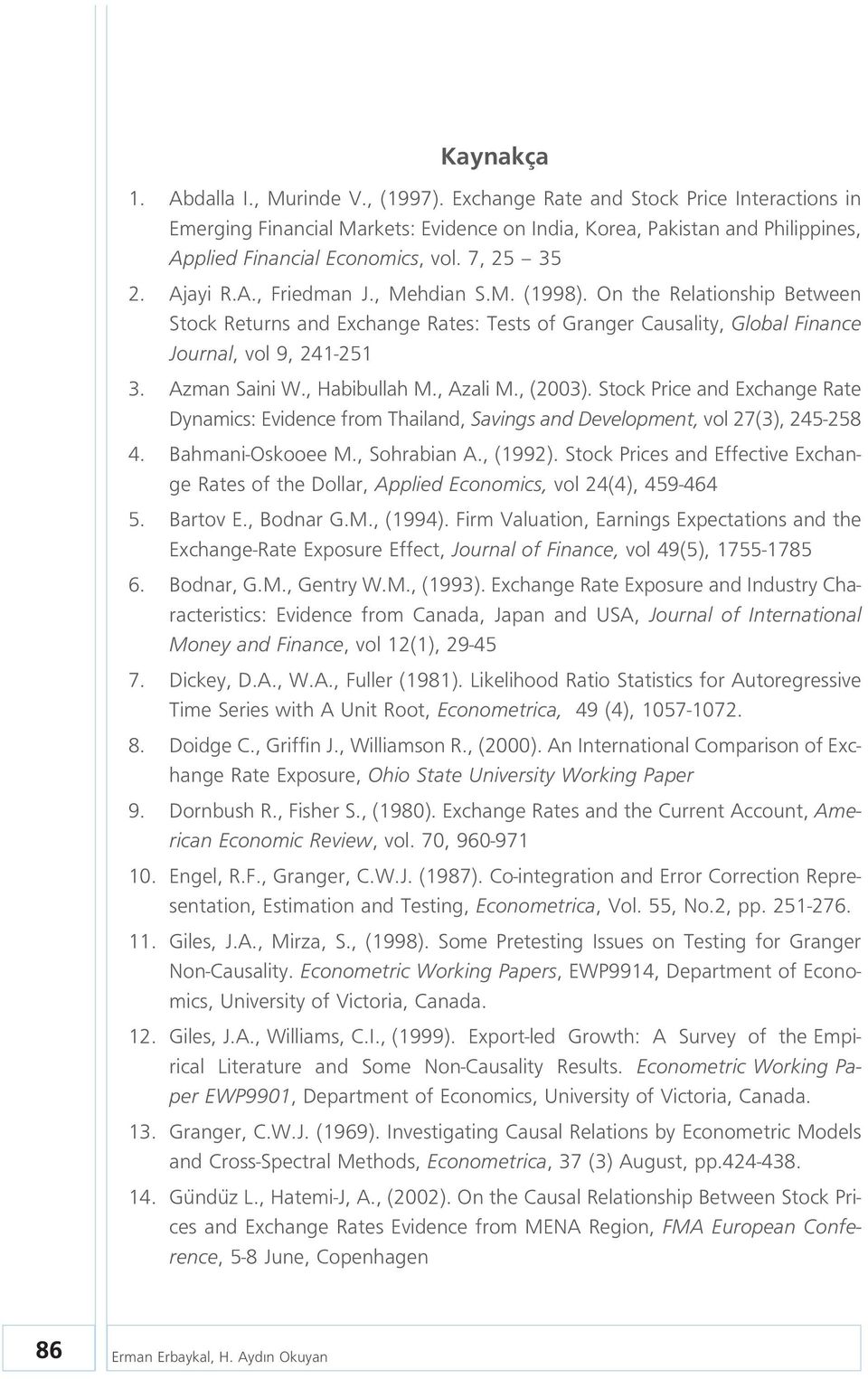 , Mehdian S.M. (1998). On the Relationship Between Stock Returns and Exchange Rates: Tests of Granger Causality, Global Finance Journal, vol 9, 241-251 3. Azman Saini W., Habibullah M., Azali M.