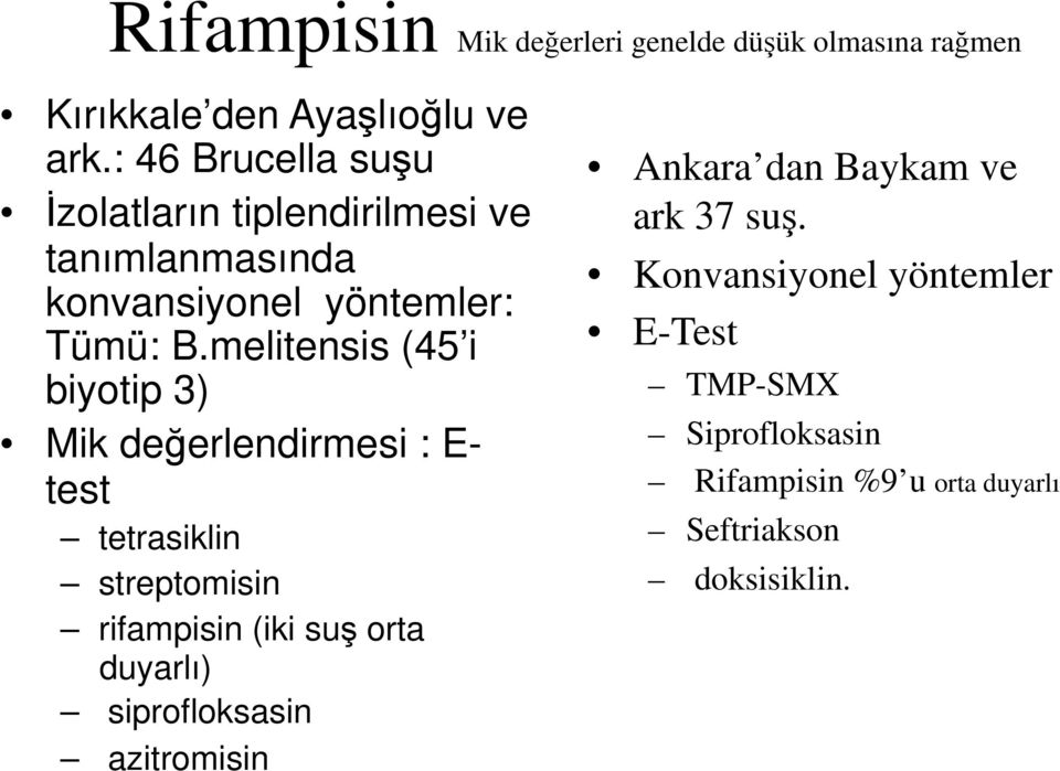 melitensis (45 i biyotip 3) Mik değerlendirmesi : E- test tetrasiklin streptomisin rifampisin (iki suş orta duyarlı)