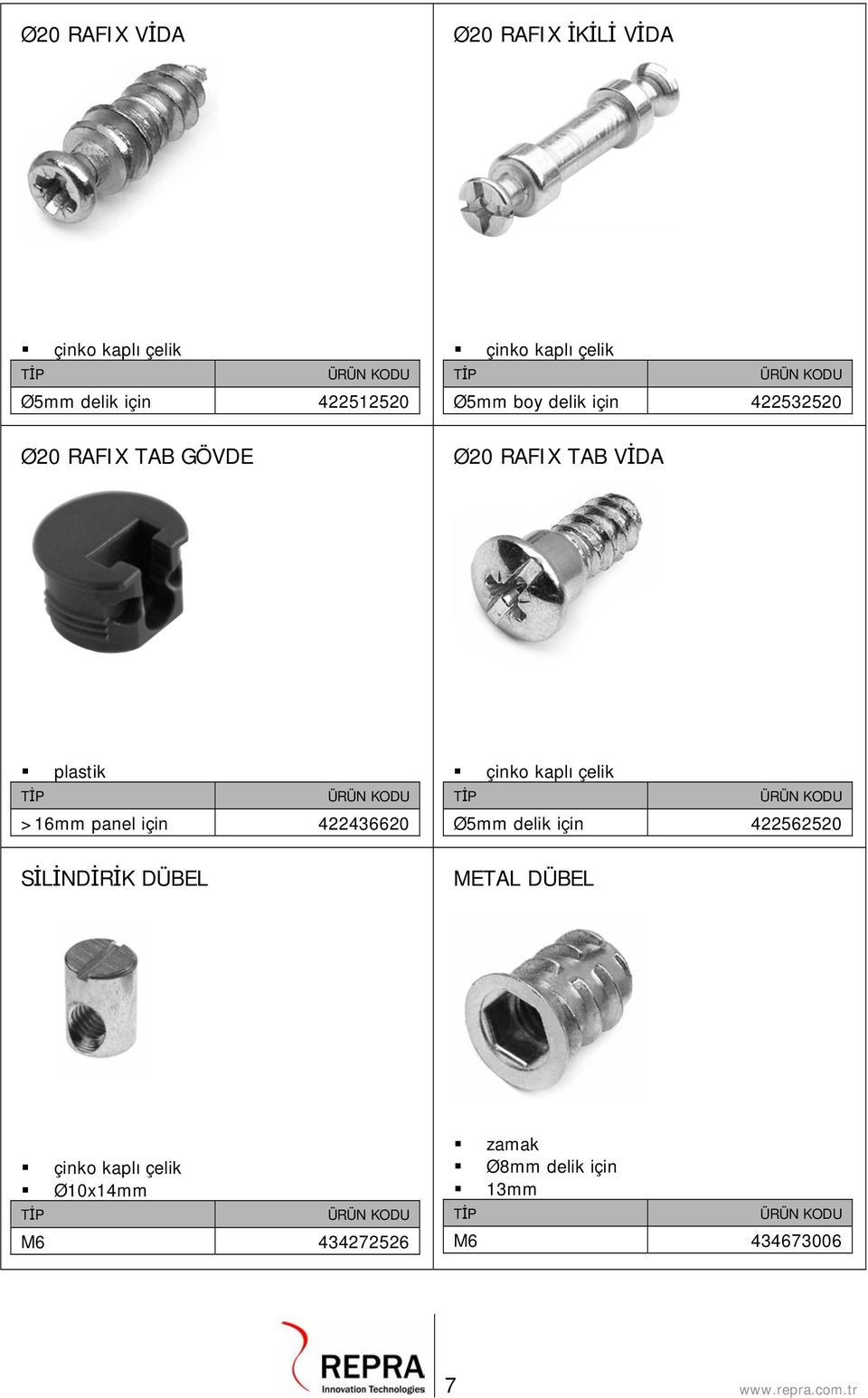 için 422436620 SİLİNDİRİK DÜBEL Ø5mm delik için 422562520 METAL DÜBEL