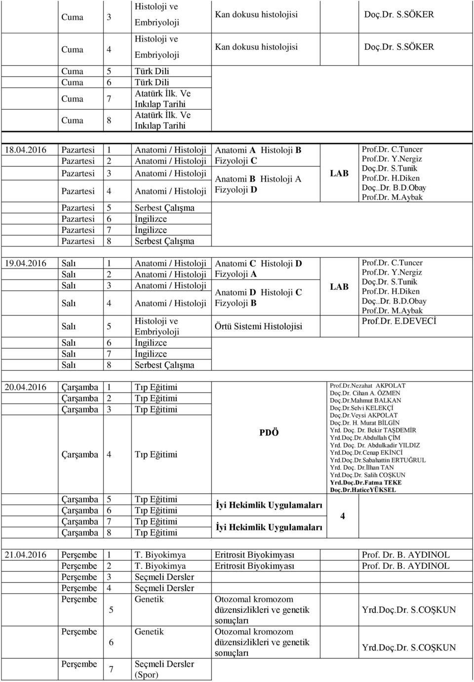 0.2016 Salı 1 Anatomi C D Salı 2 Fizyoloji A Salı Anatomi D C Salı Fizyoloji B Salı 5 ve Embriyoloji Salı 8 Serbest Çalışma Örtü Sistemi si Prof.Dr. C.Tuncer Prof.Dr. H.Diken Doç..Dr. B.D.Obay Prof.