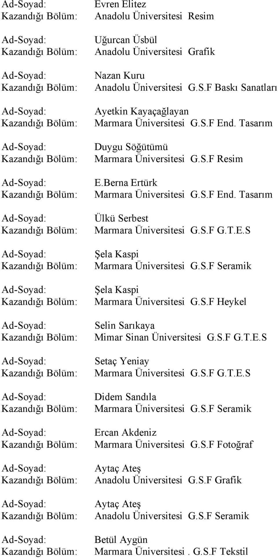 S.F Heykel Selin Sarıkaya Mimar Sinan Üniversitesi G.S.F G.T.E.S Setaç Yeniay Marmara Üniversitesi G.S.F G.T.E.S Didem Sandıla Marmara Üniversitesi G.S.F Seramik Ercan Akdeniz Marmara Üniversitesi G.