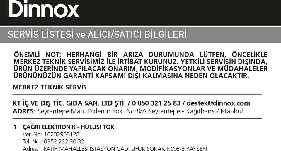 MERKEZ TEKNİK SERVİS KT İÇ VE DIª TİC. GIDA SAN. LTD ªTİ. / 0 850 321 25 83 / destek@dinnox.com ADRES: Seyrantepe Mah. Didenur Sok.