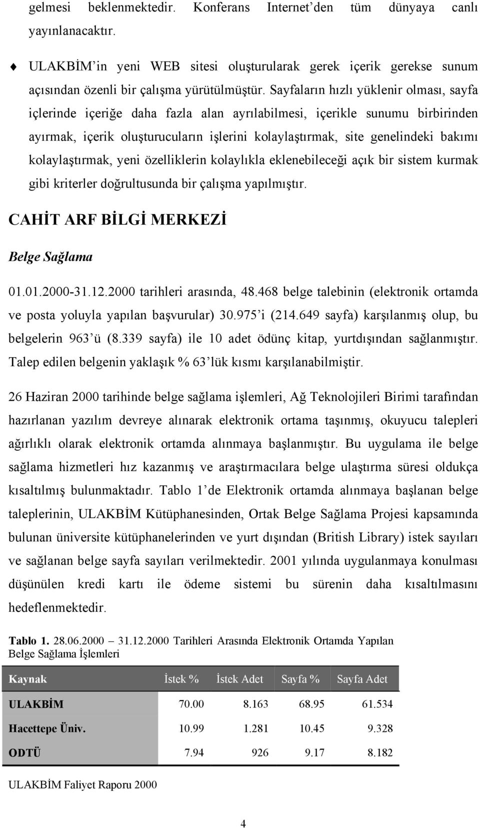 kolaylaştırmak, yeni özelliklerin kolaylıkla eklenebileceği açık bir sistem kurmak gibi kriterler doğrultusunda bir çalışma yapılmıştır. CAHİT ARF BİLGİ MERKEZİ Belge Sağlama 01.01.2000-31.12.