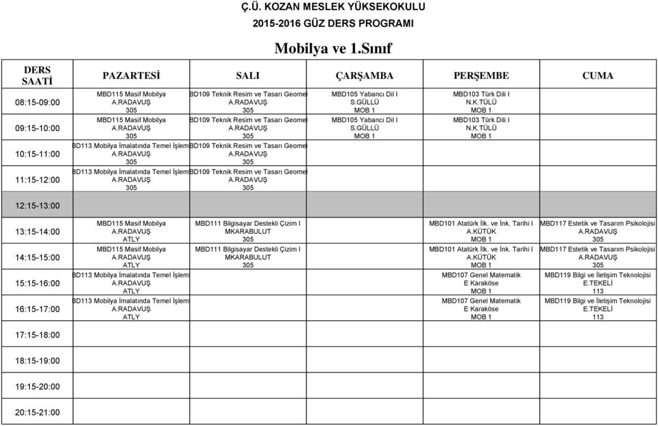 Geometri MBD Mobilya İmalatında Temel İşlemler MBD109 Teknik Resim ve Tasarı Geometri MBD105 Yabancı Dil I MOB 1 MBD105 Yabancı Dil I MOB 1 MBD103 Türk Dili I MOB 1 MBD103 Türk Dili I MOB 1 MBD115