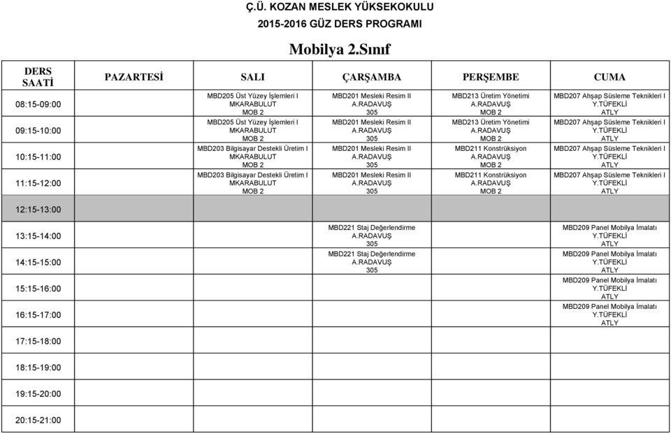 TÜFEKLİ ATLY MBD203 Bilgisayar Destekli Üretim I MKARABULUT MOB 2 MBD201 Mesleki Resim II MBD Konstrüksiyon MOB 2 MBD207 Ahşap Süsleme Teknikleri I Y.
