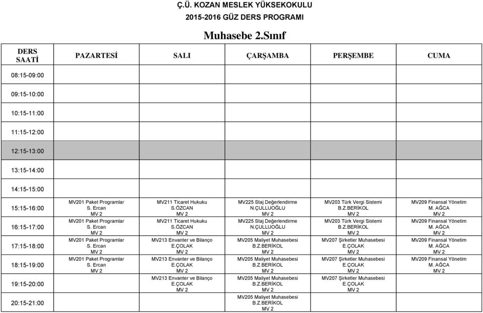 Ercan MV213 Envanter ve Bilanço MV205 Maliyet Muhasebesi MV207 Şirketler Muhasebesi MV Finansal Yönetim M. AĞCA MV201 Paket Programlar S.