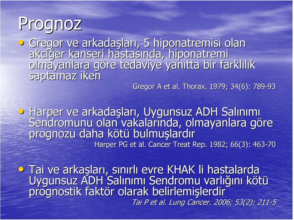 1979; 34(6): 789-93 93 Harper ve arkadaşlar ları,, Uygunsuz ADH Salınımı Sendromunu olan vakalarında, olmayanlara göre g prognozu daha kötük