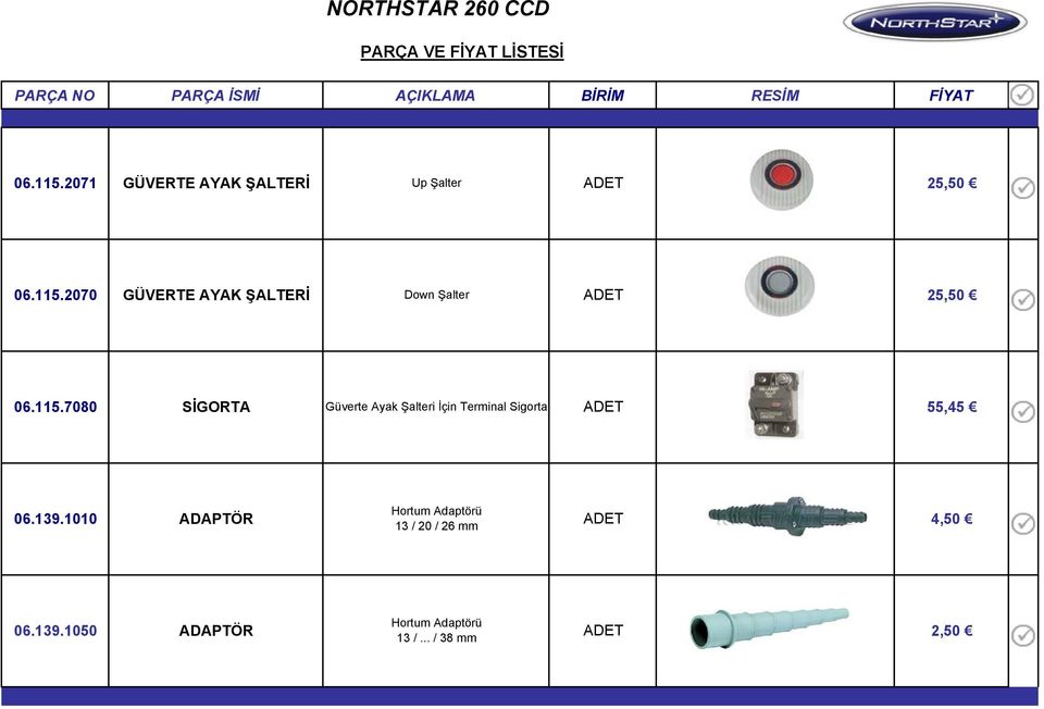 139.1010 ADAPTÖR Hortum Adaptörü 13 / 20 / 26 mm 4,50 06.139.1050 ADAPTÖR Hortum Adaptörü 13 /.