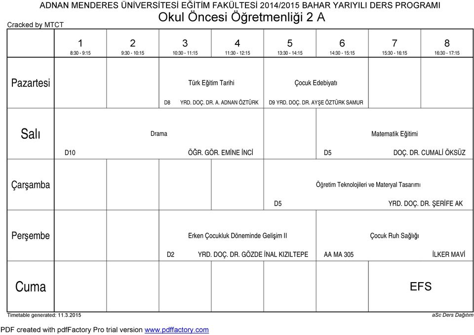 EMİNE İNCİ D DOÇ. DR. CUMALİ ÖKSÜZ Öğretim Teknolojileri ve Materyal Tasarımı D YRD. DOÇ. DR. ŞERİFE AK Erken Çocukluk Döneminde Gelişim II Çocuk Ruh Sağlığı D YRD.