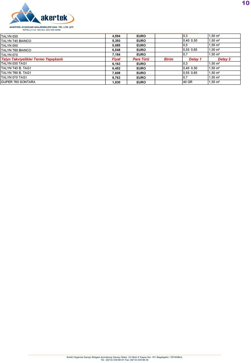 Türü Birim Detay 1 Detay 2 TALYN 030 TAG1 6,163 EURO 0,3 1,50 m² TALYN T45 B.