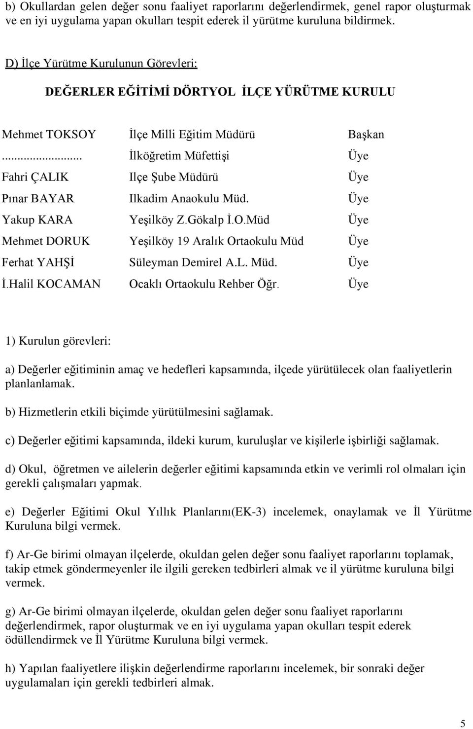 .. İlköğretim Müfettişi Üye Fahri ÇALIK Ilçe Şube Müdürü Üye Pınar BAYAR Ilkadim Anaokulu Müd. Üye Yakup KARA Yeşilköy Z.Gökalp İ.O.