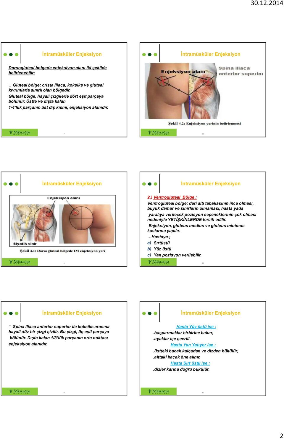 ) Ventrogluteal Bölge : Ventrogluteal bölge; deri altı tabakasının ince olması, büyük damar ve sinirlerin olmaması, hasta yada yaralıya verilecek pozisyon seçeneklerinin çok olması nedeniyle