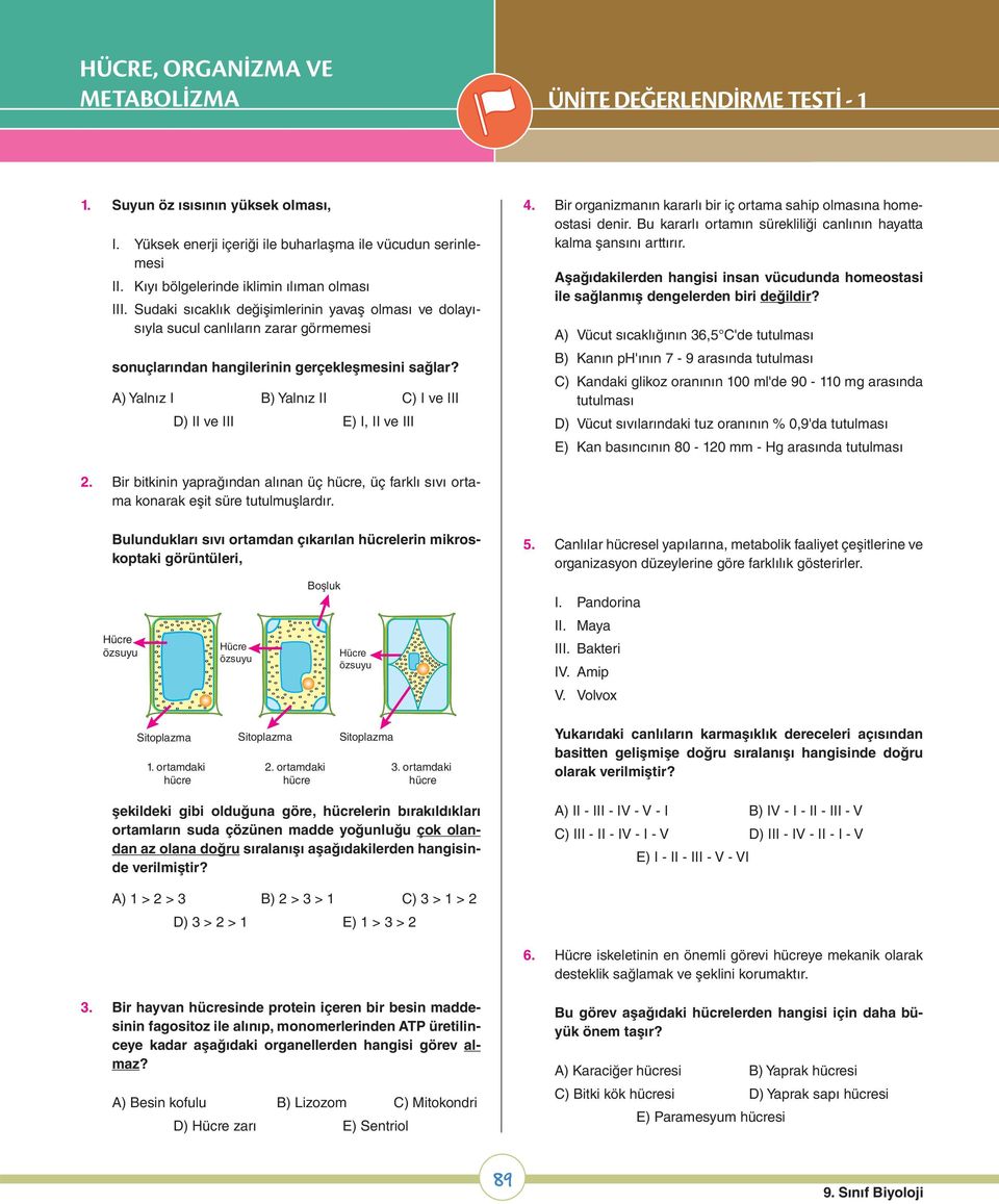 A) Yalnız I B) Yalnız II C) I ve III D) II ve III E) I, II ve III 4. Bir organizmanın kararlı bir iç ortama sahip olmasına homeostasi denir.