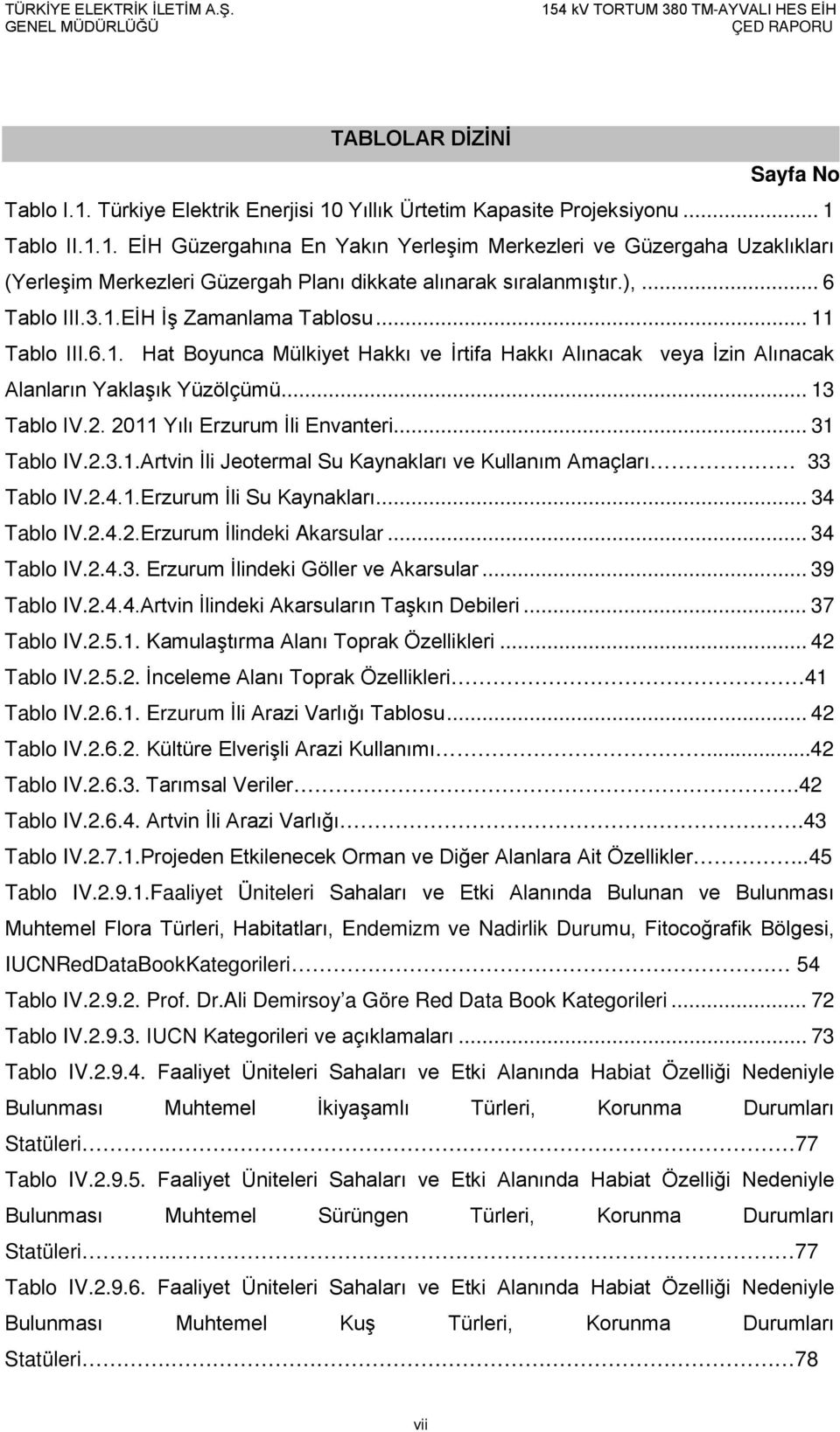 2011 Yılı Erzurum İli Envanteri... 31 Tablo IV.2.3.1.Artvin İli Jeotermal Su Kaynakları ve Kullanım Amaçları 33 Tablo IV.2.4.1.Erzurum İli Su Kaynakları... 34 Tablo IV.2.4.2.Erzurum İlindeki Akarsular.