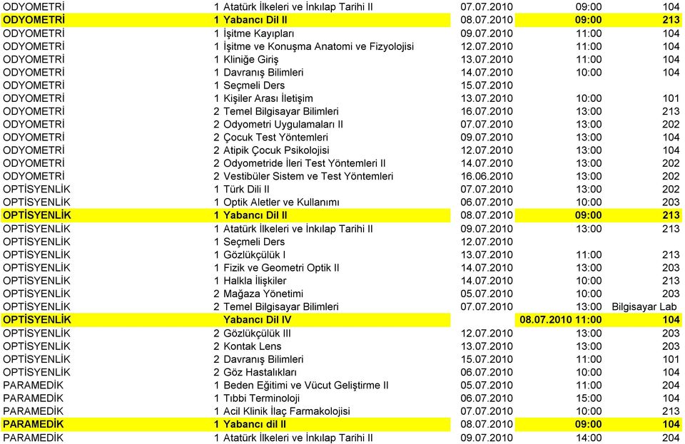 07.2010 13:00 213 ODYOMETRİ 2Odyometri Uygulamaları II 07.07.2010 13:00 202 ODYOMETRİ 2Çocuk Test Yöntemleri 09.07.2010 13:00 104 ODYOMETRİ 2Atipik Çocuk Psikolojisi 12.07.2010 13:00 104 ODYOMETRİ 2Odyometride İleri Test Yöntemleri II 14.