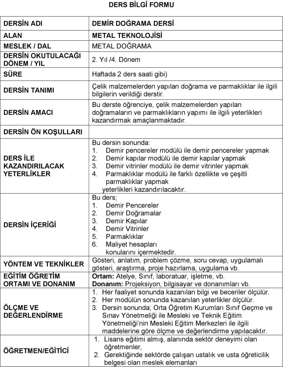 Dönem Haftada 2 ders saati gibi) Çelik malzemelerden yapılan doğrama ve parmaklıklar ile ilgili bilgilerin verildiği derstir.