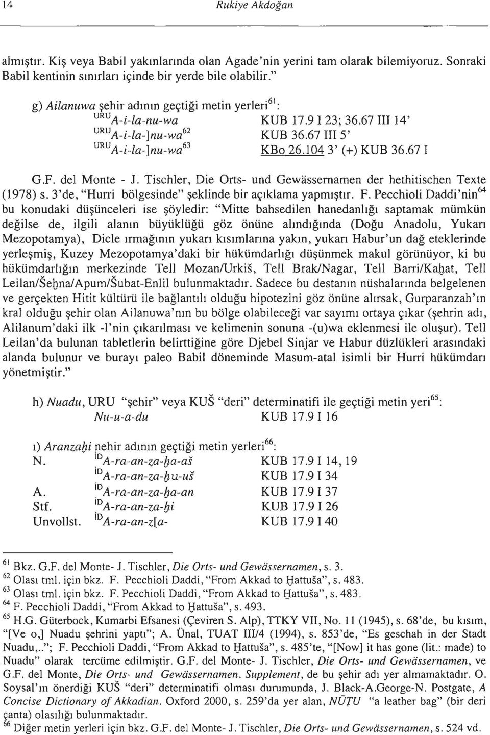 del Monte - J. Tischler, Die Orts- und Gewassemamen der hethitischen Texte (1978) s. 3'de, "Hurri bölgesinde" şeklinde bir açıklama yapmıştır. F.