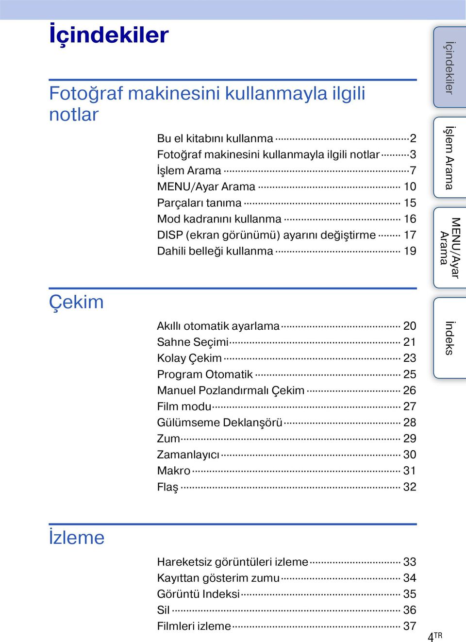 ayarlama 20 Sahne Seçimi 21 Kolay Çekim 23 Program Otomatik 25 Manuel Pozlandırmalı Çekim 26 Film modu 27 Gülümseme Deklanşörü 28 Zum 29