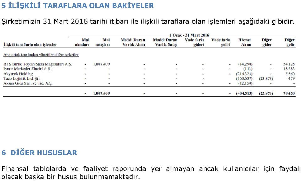 6 DİĞER HUSUSLAR Finansal tablolarda ve faaliyet raporunda yer