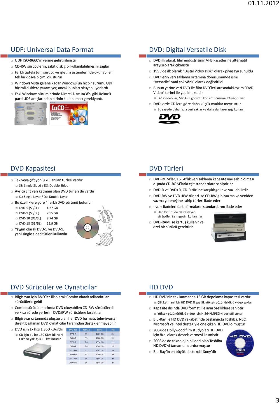 parti UDF araçlarından birinin kullanılması gerekiyordu DVD: Digital Versatile Disk DVD ilk olarak film endüstrisinin VHS kasetlerine alternatif arayışı olarak çıkmıştır 1995 de ilk olarak Dijital