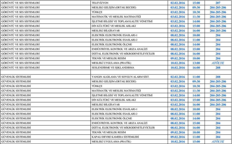 02.2016 16:00 204-205-206 GÖRÜNTÜ VE SES SİSTEMLERİ ELEKTRİK ELEKTRONİK ESASLARI-1 08.02.2016 10:00 204 GÖRÜNTÜ VE SES SİSTEMLERİ ELEKTRİK ELEKTRONİK ESASLARI-2 08.02.2016 11:00 204 GÖRÜNTÜ VE SES SİSTEMLERİ ELEKTRİK ELEKTRONİK ÖLÇME 08.