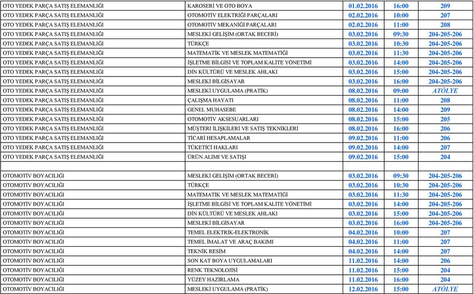 02.2016 11:30 204-205-206 OTO YEDEK PARÇA SATIŞ ELEMANLIĞI İŞLETME BİLGİSİ VE TOPLAM KALİTE YÖNETİMİ 03.02.2016 14:00 204-205-206 OTO YEDEK PARÇA SATIŞ ELEMANLIĞI DİN KÜLTÜRÜ VE MESLEK AHLAKI 03.02.2016 15:00 204-205-206 OTO YEDEK PARÇA SATIŞ ELEMANLIĞI MESLEKİ BİLGİSAYAR 03.