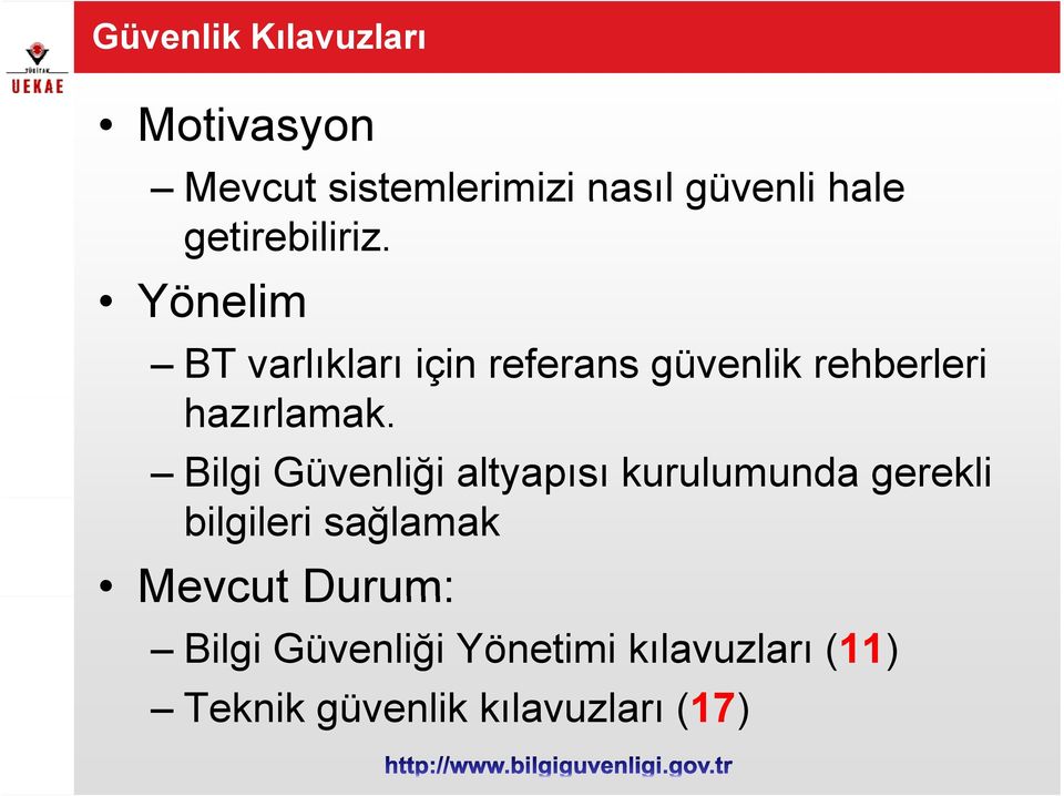 Yönelim BT varlıkları için referans güvenlik rehberleri hazırlamak.