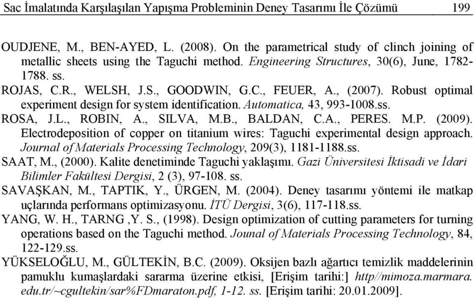L., ROBIN, A., SILVA, M.B., BALDAN, C.A., PERES. M.P. (2009). Electrodeposition of copper on titanium wires: Taguchi experimental design approach.
