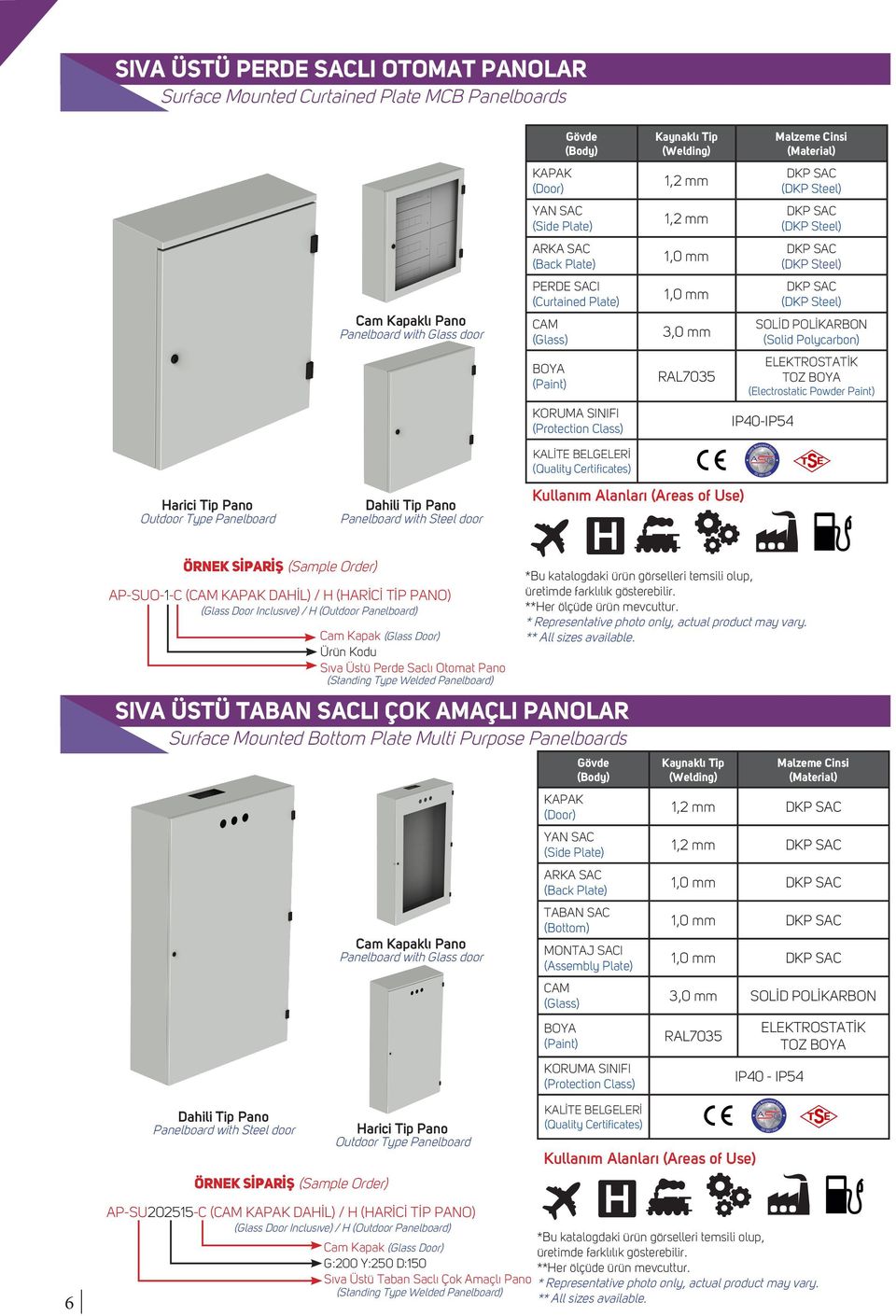 AMAÇLI PANOLAR Surface Mounted Bottom Plate Multi Purpose Panelboards Cam Kapaklı Pano Panelboard with Glass door TABAN SAC (Bottom) MONTAJ SACI (Assembly Plate) 1,2 mm 1,2 mm TOZ IP40 - IP54 Harici