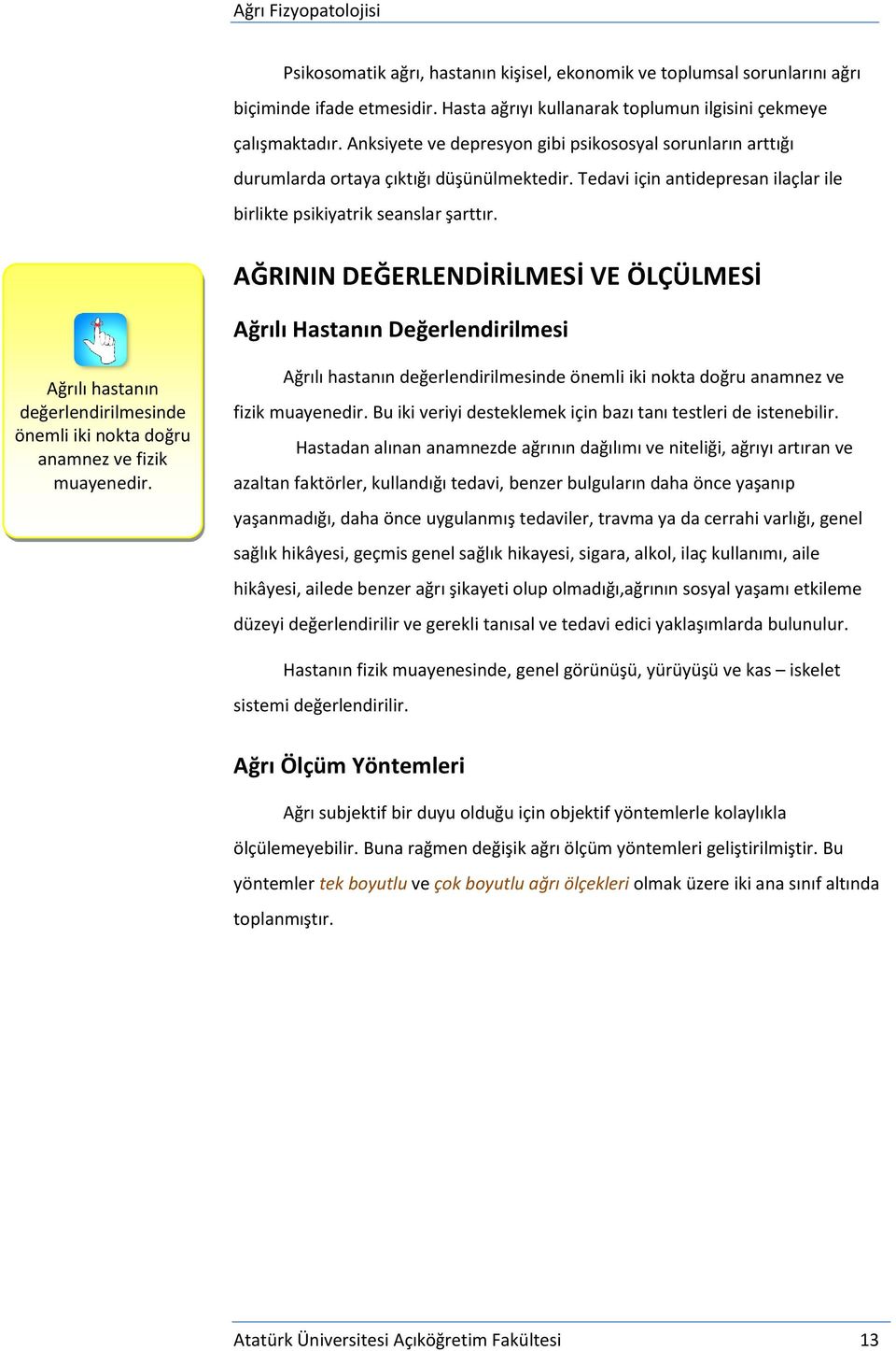 AĞRININ DEĞERLENDİRİLMESİ VE ÖLÇÜLMESİ Ağrılı Hastanın Değerlendirilmesi Ağrılı hastanın değerlendirilmesinde önemli iki nokta doğru anamnez ve fizik muayenedir.