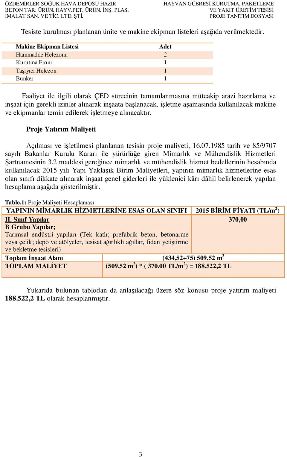 Makine Ekipman Listesi Adet Hammadde Helezonu 2 Kurutma Fırını 1 Taşıyıcı Helezon 1 Bunker 1 Faaliyet ile ilgili olarak ÇED sürecinin tamamlanmasına müteakip arazi hazırlama ve inşaat için gerekli