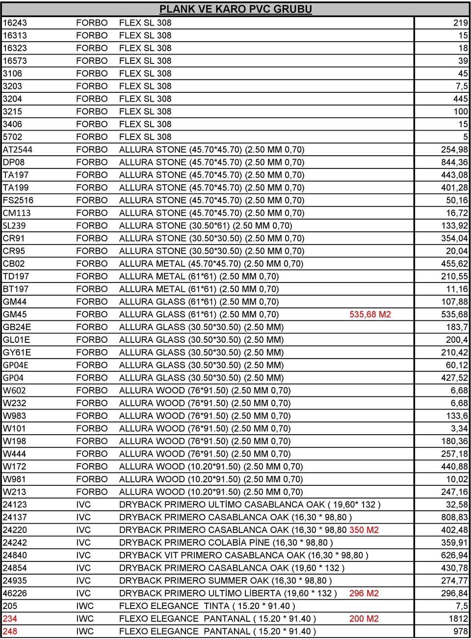 70*45.70) (2.50 MM 0,70) 443,08 TA199 FORBO ALLURA STONE (45.70*45.70) (2.50 MM 0,70) 401,28 FS2516 FORBO ALLURA STONE (45.70*45.70) (2.50 MM 0,70) 50,16 CM113 FORBO ALLURA STONE (45.70*45.70) (2.50 MM 0,70) 16,72 SL239 FORBO ALLURA STONE (30.