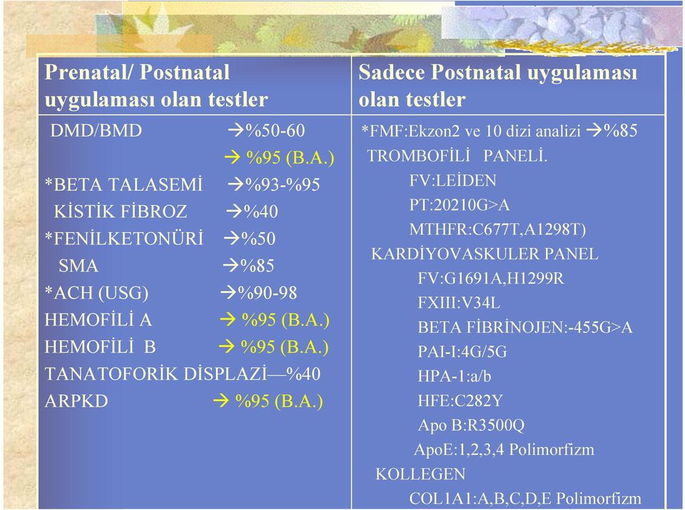 A.) Sadece Postnatal uygulaması olan testler *FMF:Ekzon2 ve 10 dizi analizi %85 TROMBOFİLİ PANELİ.