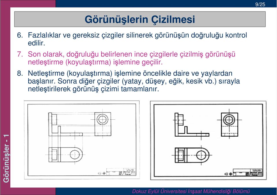 Son olarak, doğruluğu belirlenen ince çizgilerle çizilmiş görünüşü netleştirme (koyulaştırma)