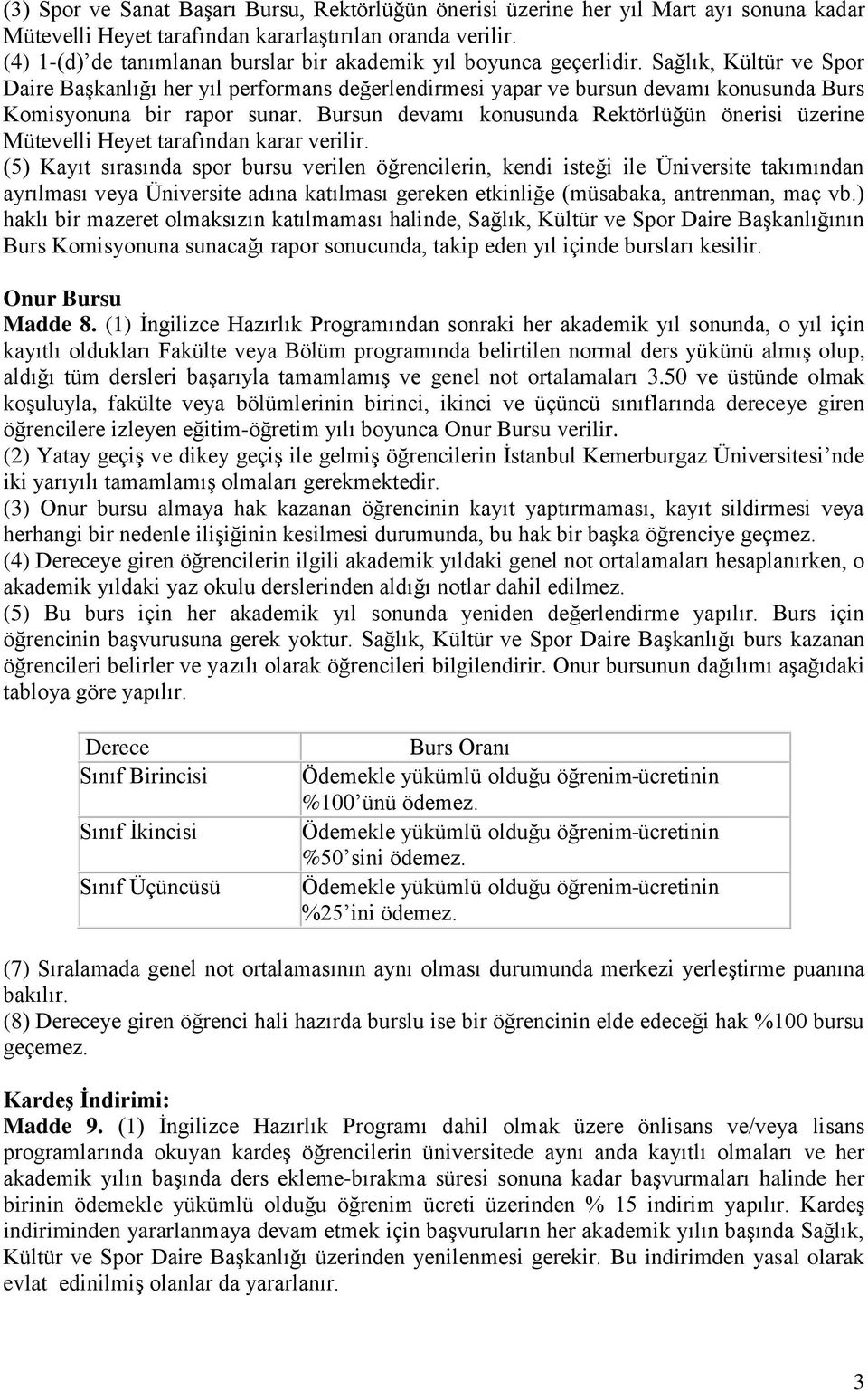 Sağlık, Kültür ve Spor Daire Başkanlığı her yıl performans değerlendirmesi yapar ve bursun devamı konusunda Burs Komisyonuna bir rapor sunar.