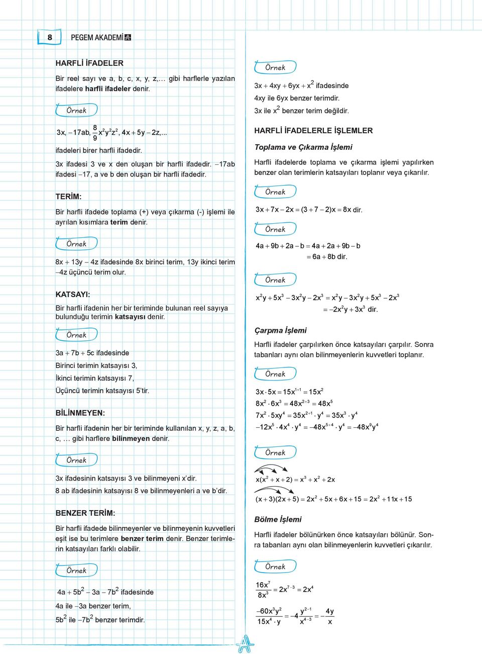 TERİM: Bir harfli ifadede toplama (+) veya çıkarma () işlemi ile ayrılan kısımlara terim denir. 8x + 1y 4z ifadesinde 8x birinci terim, 1y ikinci terim 4z üçüncü terim olur.