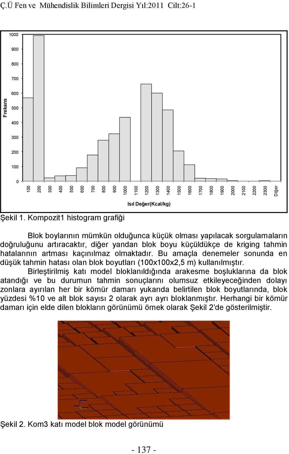 Kompozit1 histogram grafiği Blok boylarının mümkün olduğunca küçük olması yapılacak sorgulamaların doğruluğunu artıracaktır, diğer yandan blok boyu küçüldükçe de kriging tahmin hatalarının artması