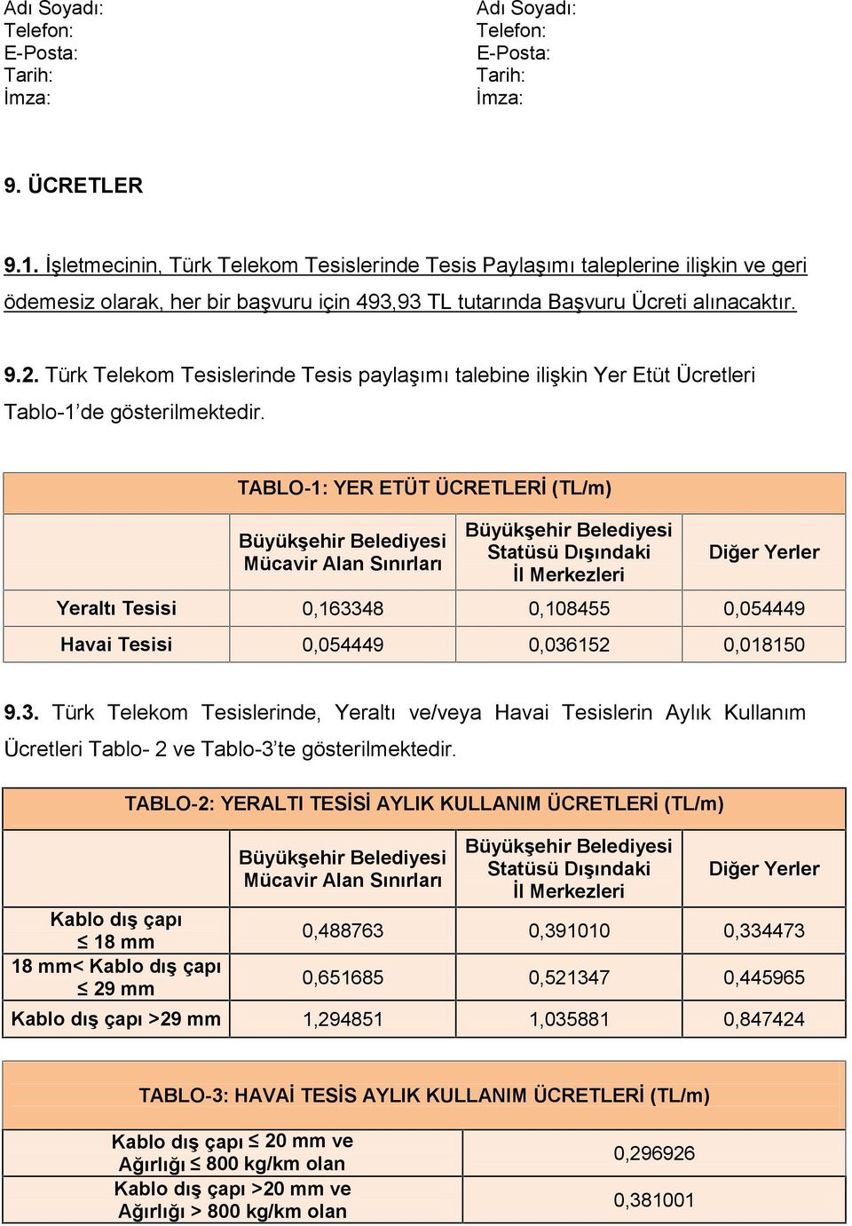 Türk Telekom Tesislerinde Tesis paylaşımı talebine ilişkin Yer Etüt Ücretleri Tablo-1 de gösterilmektedir.