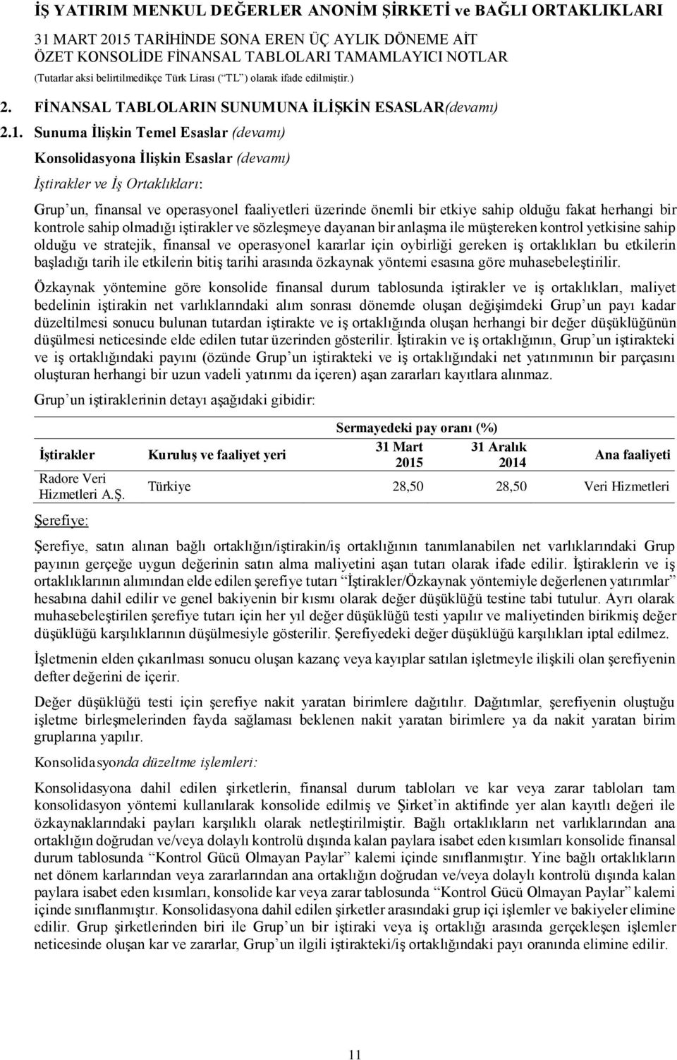 fakat herhangi bir kontrole sahip olmadığı iştirakler ve sözleşmeye dayanan bir anlaşma ile müştereken kontrol yetkisine sahip olduğu ve stratejik, finansal ve operasyonel kararlar için oybirliği