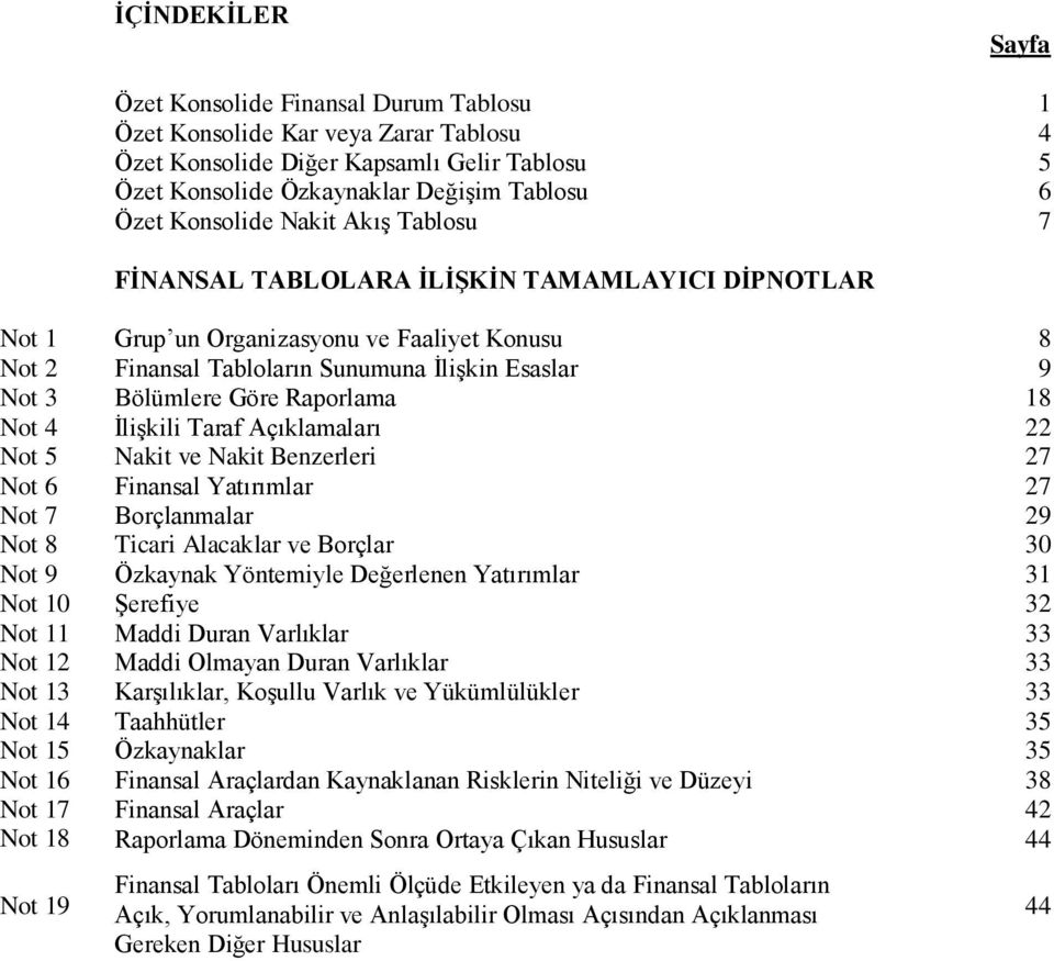 Göre Raporlama 18 Not 4 İlişkili Taraf Açıklamaları 22 Not 5 Nakit ve Nakit Benzerleri 27 Not 6 Finansal Yatırımlar 27 Not 7 Borçlanmalar 29 Not 8 Ticari Alacaklar ve Borçlar 30 Not 9 Özkaynak