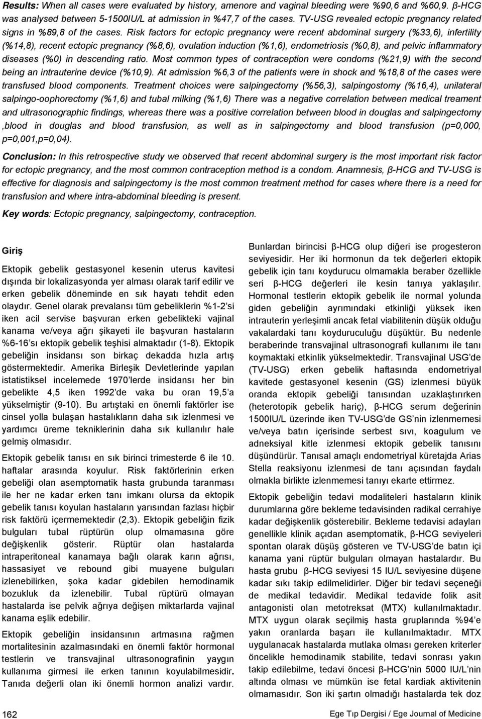 Risk factors for ectopic pregnancy were recent abdominal surgery (%33,6), infertility (%14,8), recent ectopic pregnancy (%8,6), ovulation induction (%1,6), endometriosis (%0,8), and pelvic