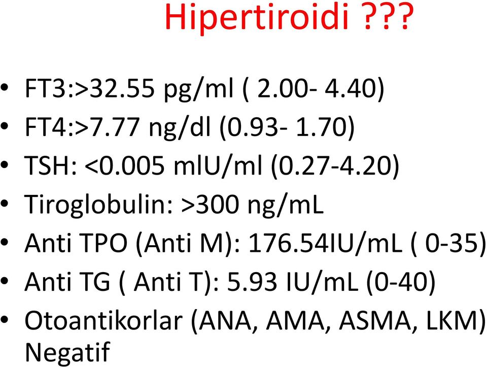 20) Tiroglobulin: 300 ng/ml Anti TPO (Anti M): 176.