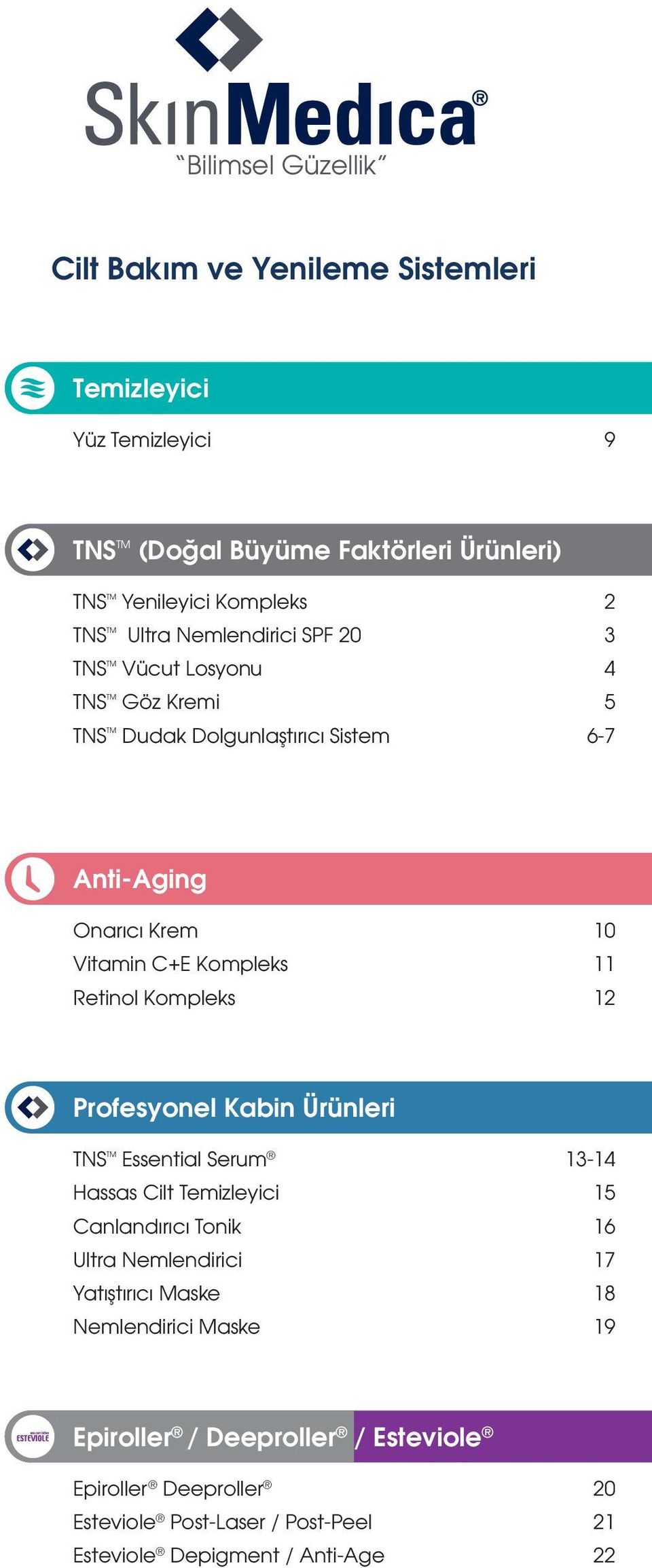 11 Retinol Kompleks 12 Profesyonel Kabin Ürünleri TNS TM Essential Serum 13-14 Hassas Cilt Temizleyici 15 Canlandırıcı Tonik 16 Ultra Nemlendirici 17