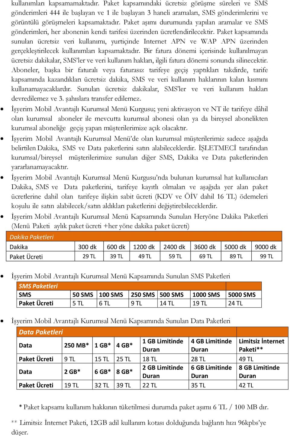 Paket kapsamında sunulan ücretsiz veri kullanımı, yurtiçinde Internet APN ve WAP APN üzerinden gerçekleştirilecek kullanımları kapsamaktadır.