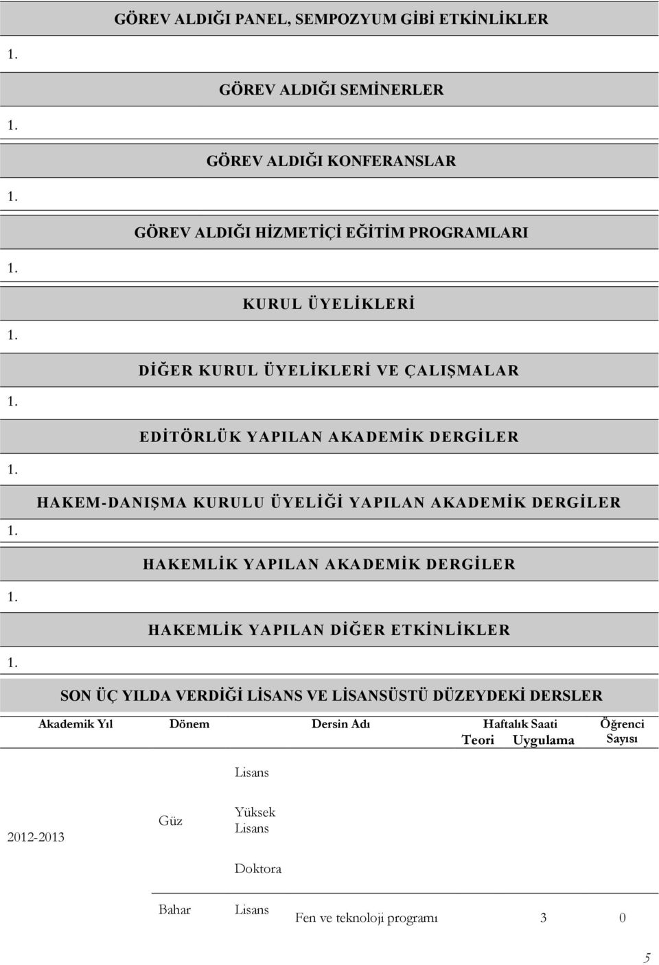 YAPILAN AKADEMİK DERGİLER HAKEMLİK YAPILAN AKADEMİK DERGİLER HAKEMLİK YAPILAN DİĞER ETKİNLİKLER SON ÜÇ YILDA VERDİĞİ LİSANS VE