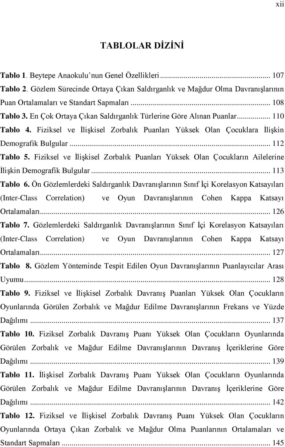 Fiziksel ve İlişkisel Zorbalık Puanları Yüksek Olan Çocukların Ailelerine İlişkin Demografik Bulgular... 113 Tablo 6.