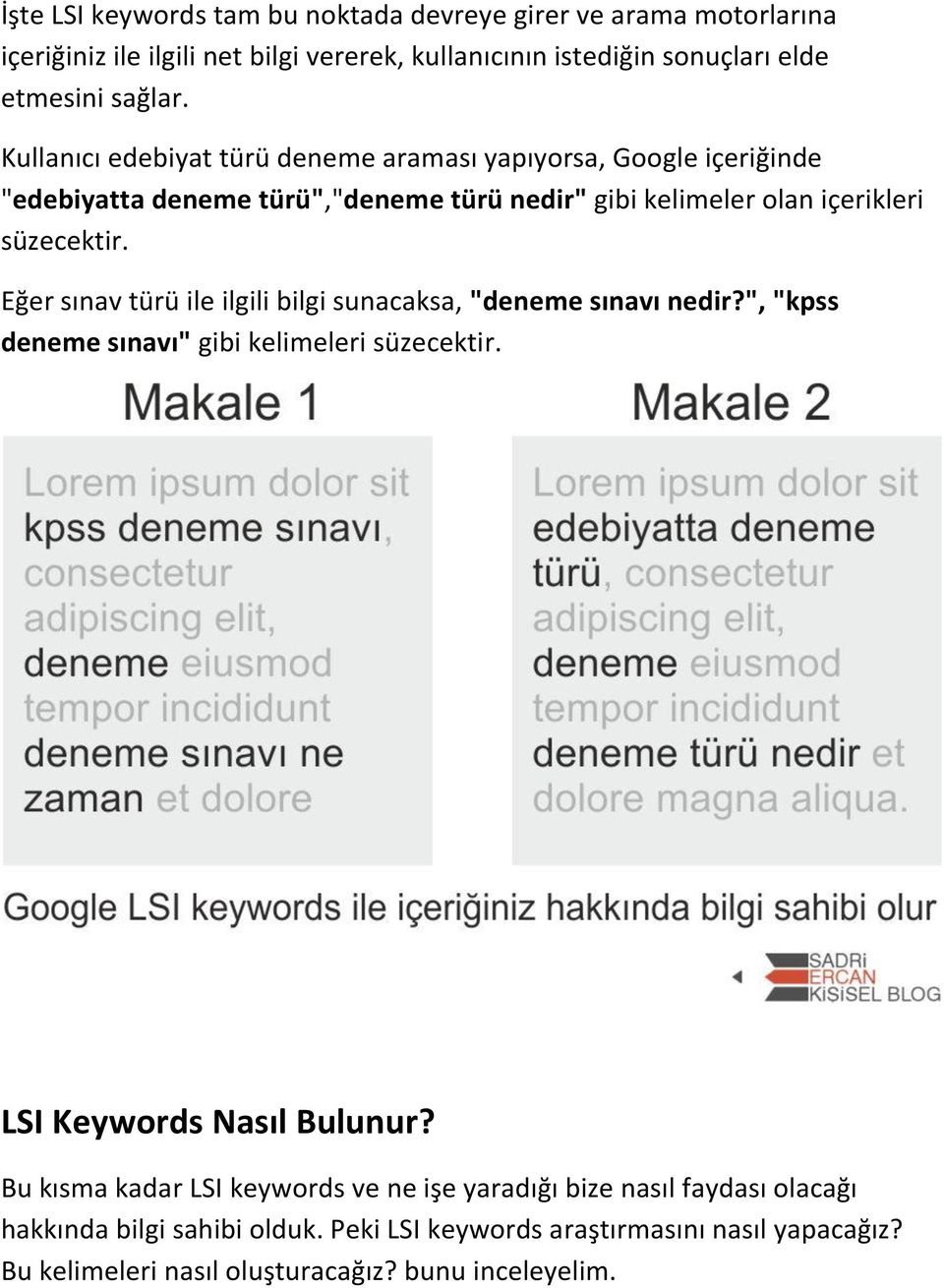 Eğer sınav türü ile ilgili bilgi sunacaksa, "deneme sınavı nedir?", "kpss deneme sınavı" gibi kelimeleri süzecektir. LSI Keywords Nasıl Bulunur?