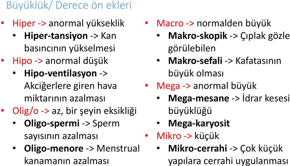 Menstrual kanamanın azalması Macro -> normalden büyük Makro-skopik -> Çıplak gözle görülebilen Makro-sefali -> Kafatasının büyük olması