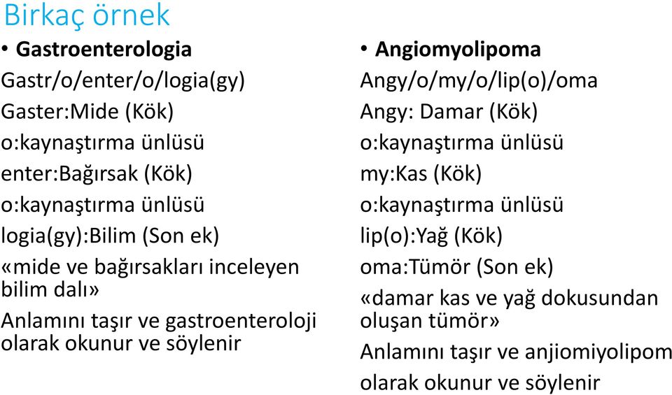 olarak okunur ve söylenir Angiomyolipoma Angy/o/my/o/lip(o)/oma Angy: Damar (Kök) o:kaynaştırma ünlüsü my:kas (Kök)